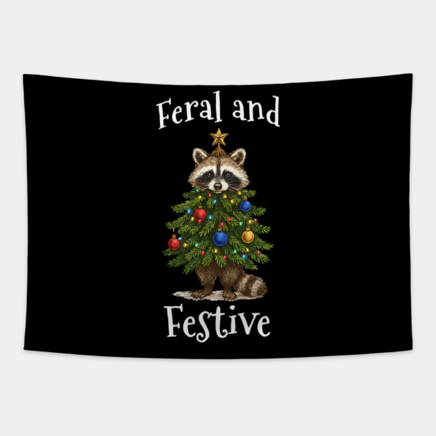 Raccoon Decorated Christmas Tree, Feral and Festive Tapestry by Luxinda