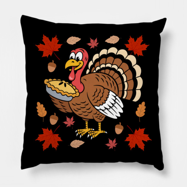 Happy Turkey Pie Feast Autumn Vibes Pillow by Creatifly Graphic Tees