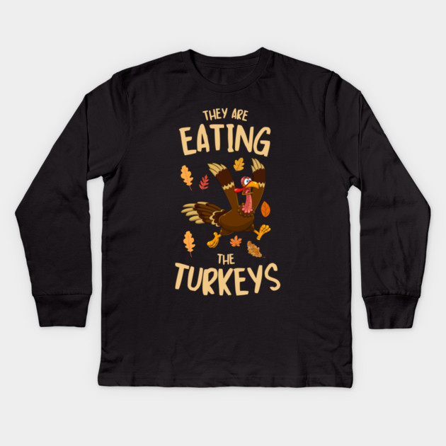 Funny Panicked Thanksgiving Turkey Kids Long Sleeve T-Shirt by Creatifly Graphic Tees
