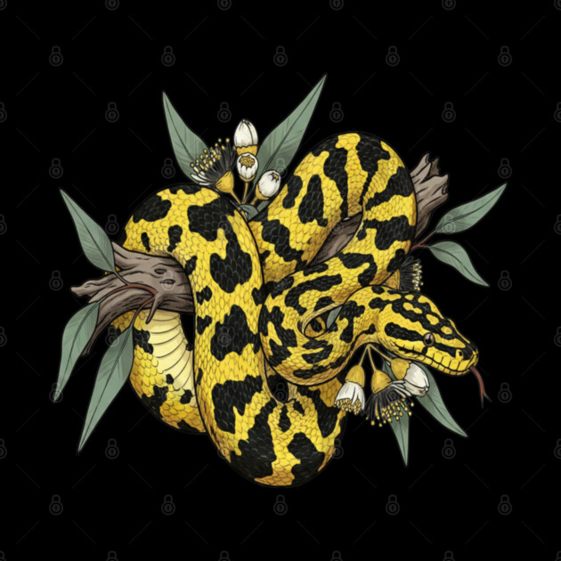 Yellow Carpet Python with Eucalyptus by BirdsnStuff