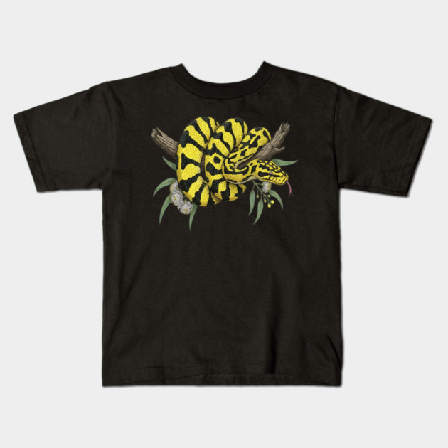 Yellow Carpet Python with Eucalyptus Leaves Kids T-Shirt by BirdsnStuff