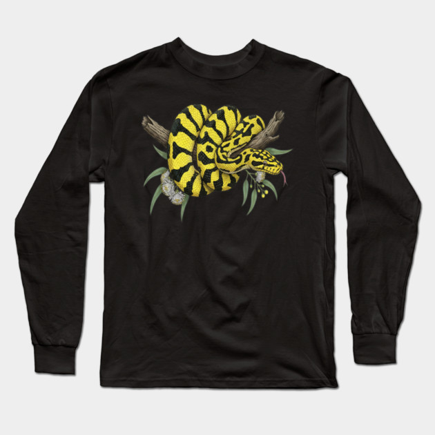 Yellow Carpet Python with Eucalyptus Leaves Long Sleeve T-Shirt by BirdsnStuff