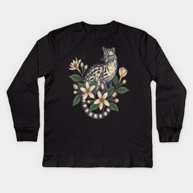 Civet Cat with Botanical Jasmine Kids Long Sleeve T-Shirt by BirdsnStuff