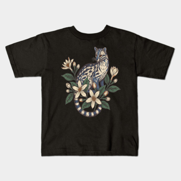 Civet Cat with Botanical Jasmine Kids T-Shirt by BirdsnStuff