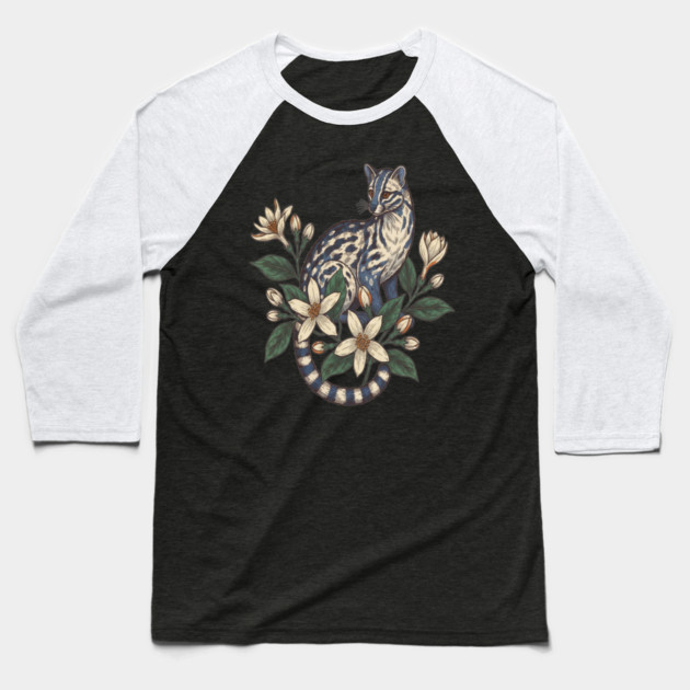 Civet Cat with Botanical Jasmine Baseball T-Shirt by BirdsnStuff