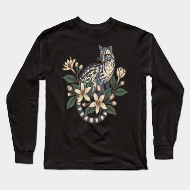 Civet Cat with Botanical Jasmine Long Sleeve T-Shirt by BirdsnStuff