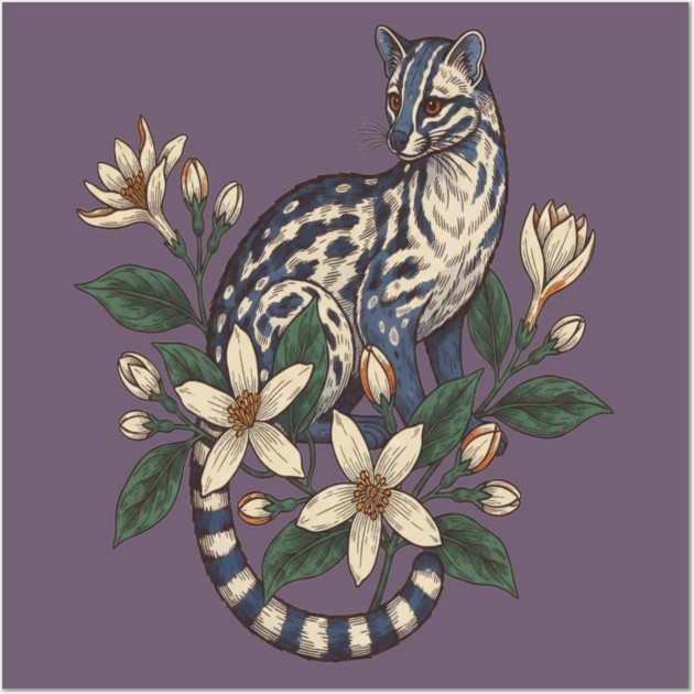Civet Cat with Botanical Jasmine Wall Art by BirdsnStuff