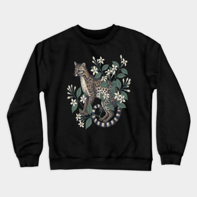 Civet Cat with Jasmine Flowers Crewneck Sweatshirt by BirdsnStuff