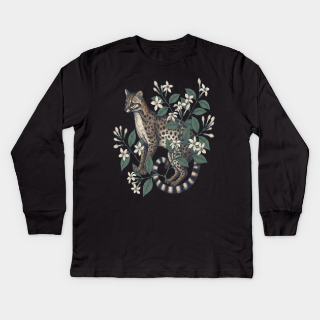 Civet Cat with Jasmine Flowers Kids Long Sleeve T-Shirt by BirdsnStuff