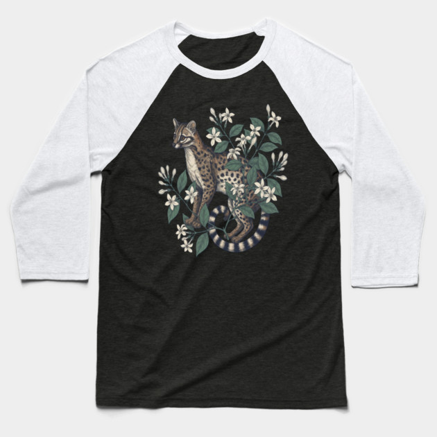 Civet Cat with Jasmine Flowers Baseball T-Shirt by BirdsnStuff