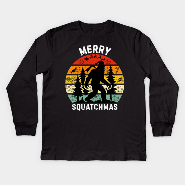 Retro Christmas Squatch Holiday Kids Long Sleeve T-Shirt by Creatifly Graphic Tees