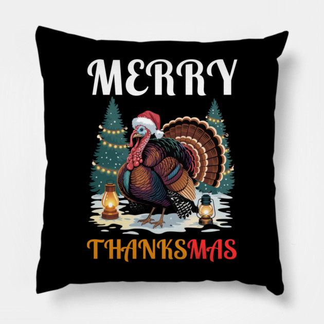 Festive Turkey Thanksmas Celebration Pillow by Creatifly Graphic Tees