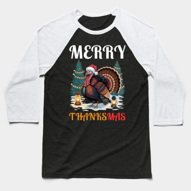 Festive Turkey Thanksmas Celebration Baseball T-Shirt by Creatifly Graphic Tees