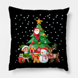 Magical Christmas Tree Scene with Santa, Elf, Snowman, Reindeer Pillow