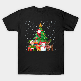 Magical Christmas Tree Scene with Santa, Elf, Snowman, Reindeer T-Shirt