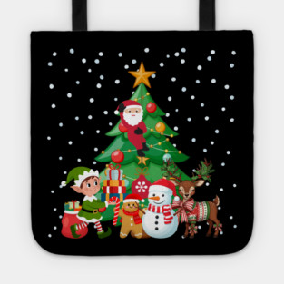 Magical Christmas Tree Scene with Santa, Elf, Snowman, Reindeer Tote
