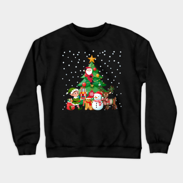 Magical Christmas Tree Scene with Santa, Elf, Snowman, Reindeer Crewneck Sweatshirt by Creatifly Graphic Tees