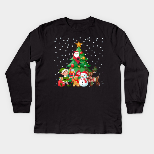 Magical Christmas Tree Scene with Santa, Elf, Snowman, Reindeer Kids Long Sleeve T-Shirt by Creatifly Graphic Tees