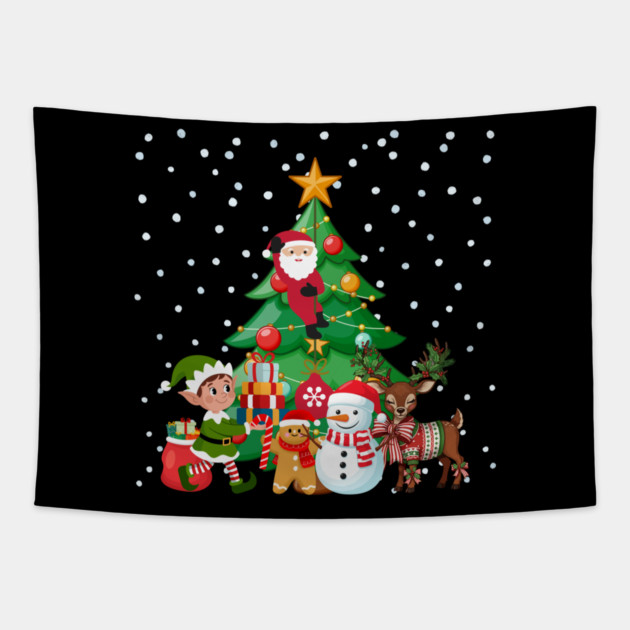 Magical Christmas Tree Scene with Santa, Elf, Snowman, Reindeer Tapestry by Creatifly Graphic Tees