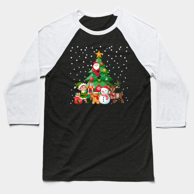 Magical Christmas Tree Scene with Santa, Elf, Snowman, Reindeer Baseball T-Shirt by Creatifly Graphic Tees