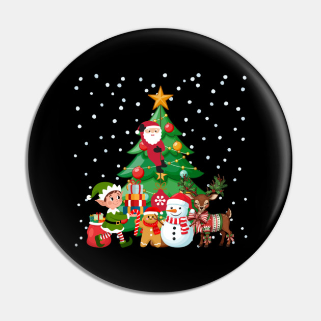 Magical Christmas Tree Scene with Santa, Elf, Snowman, Reindeer Pin by Creatifly Graphic Tees