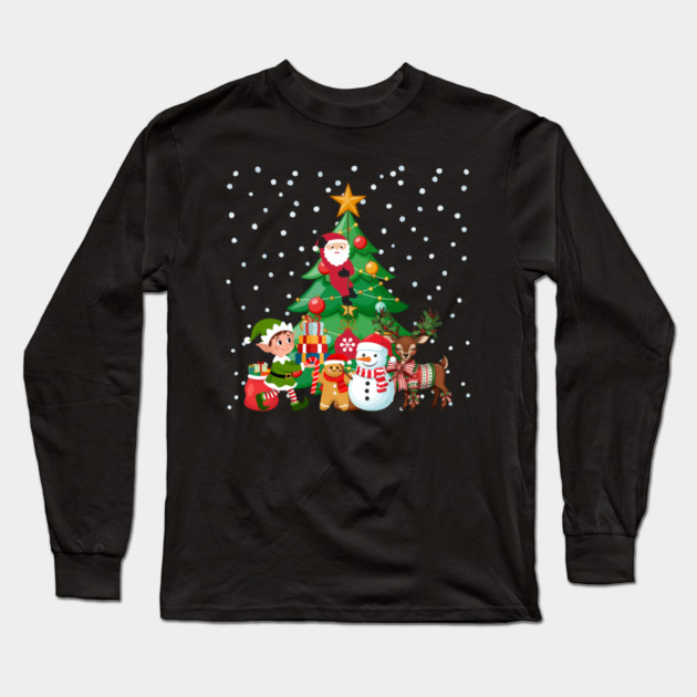 Magical Christmas Tree Scene with Santa, Elf, Snowman, Reindeer Long Sleeve T-Shirt by Creatifly Graphic Tees