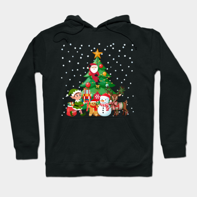Magical Christmas Tree Scene with Santa, Elf, Snowman, Reindeer Hoodie by Creatifly Graphic Tees