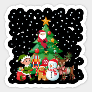 Magical Christmas Tree Scene with Santa, Elf, Snowman, Reindeer Sticker