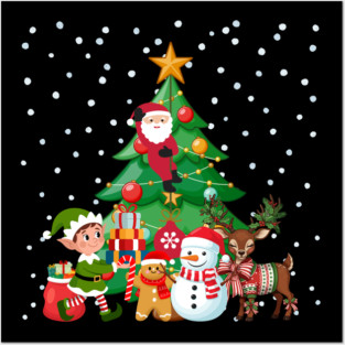 Magical Christmas Tree Scene with Santa, Elf, Snowman, Reindeer Posters and Art