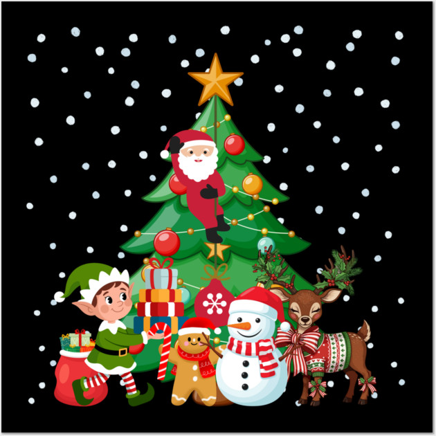 Magical Christmas Tree Scene with Santa, Elf, Snowman, Reindeer Wall Art by Creatifly Graphic Tees