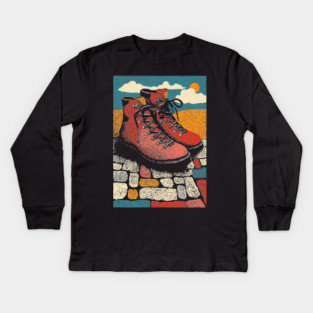 Worn Hiking Boots | An Adventurer's Gear Kids Long Sleeve T-Shirt