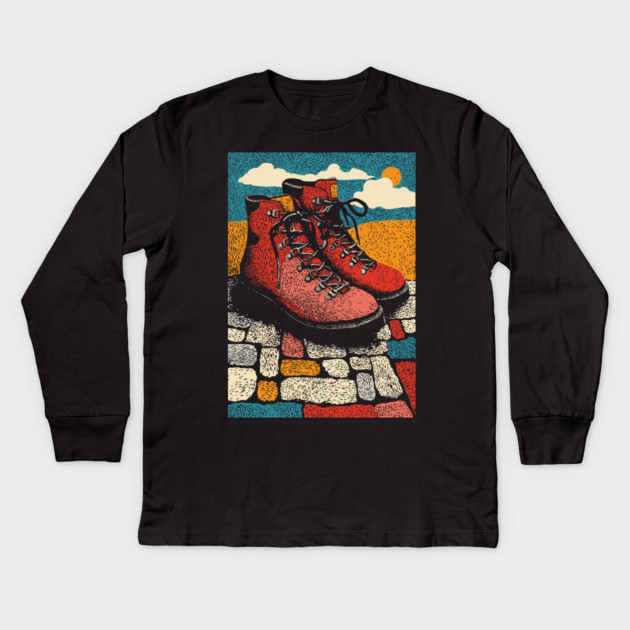 Worn Hiking Boots | An Adventurer's Gear Kids Long Sleeve T-Shirt by TuncGK