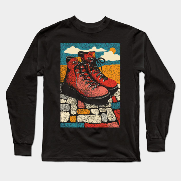 Worn Hiking Boots | An Adventurer's Gear Long Sleeve T-Shirt by TuncGK