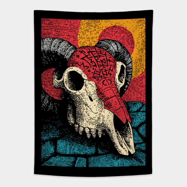 Gothic Ram Skull | Dark Academia Folk Art Tapestry by TuncGK