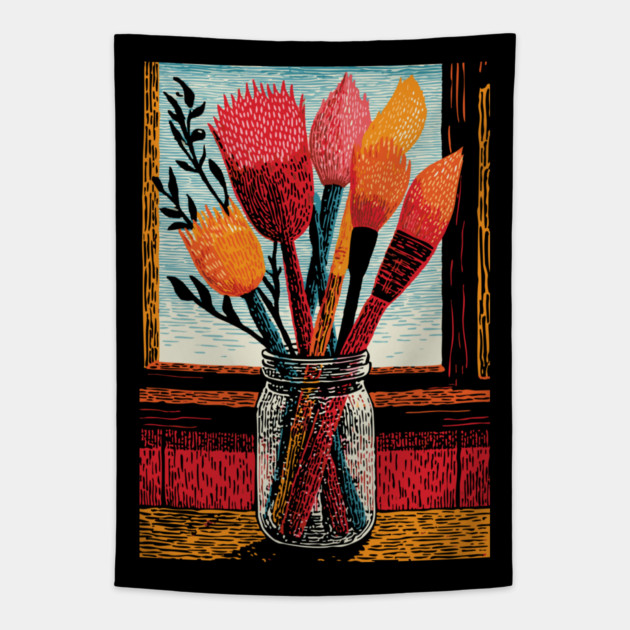 The Artist's Brushes | A Painter's Cozy Studio Tapestry by TuncGK