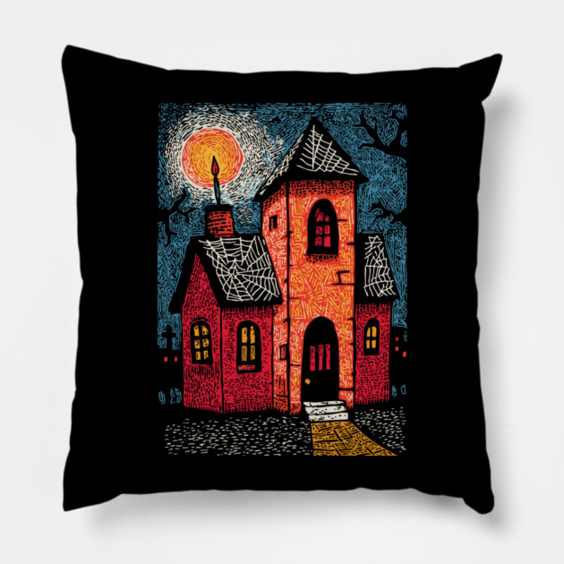 Spooky Haunted House | Gothic Folk Horror Art Pillow by TuncGK