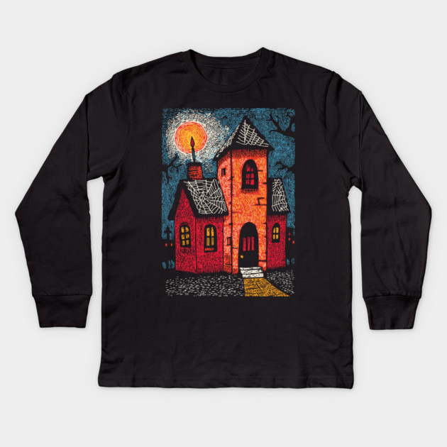 Spooky Haunted House | Gothic Folk Horror Art Kids Long Sleeve T-Shirt by TuncGK