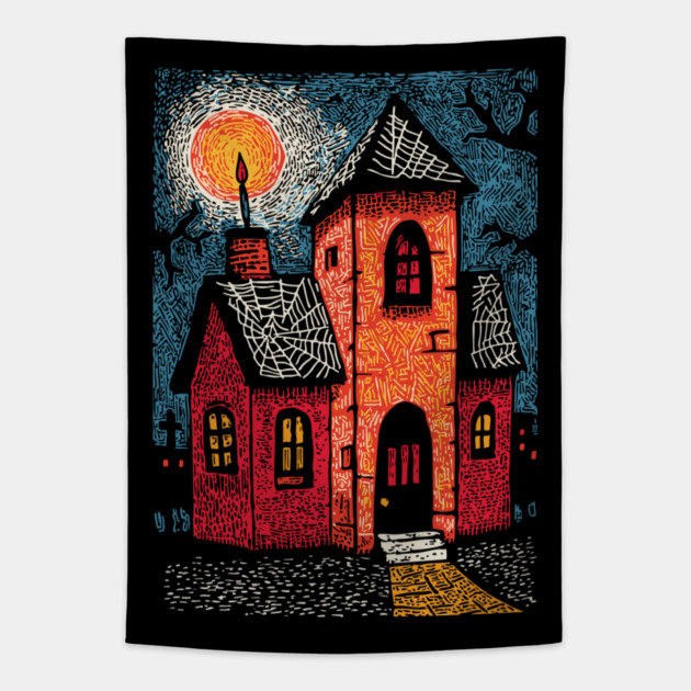 Spooky Haunted House | Gothic Folk Horror Art Tapestry by TuncGK