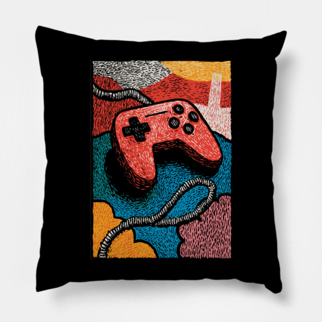 Retro Game Controller | Psychedelic 90s Gamer Art Pillow by TuncGK