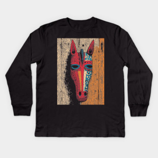 African Tribal Horse Mask | Boho World Traveler Art Kids Long Sleeve T-Shirt