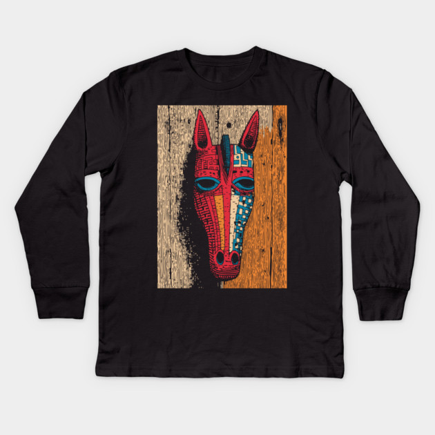African Tribal Horse Mask | Boho World Traveler Art Kids Long Sleeve T-Shirt by TuncGK