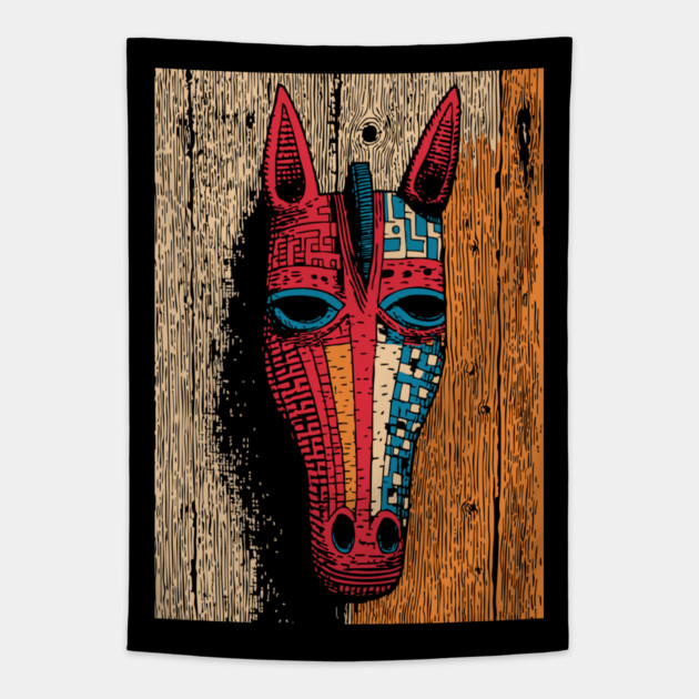 African Tribal Horse Mask | Boho World Traveler Art Tapestry by TuncGK