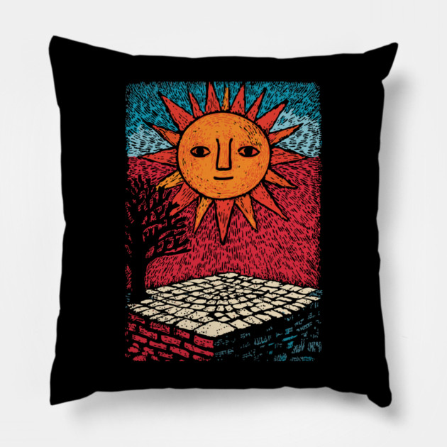 Happy Folk Art Sun | Groovy Boho Sunshine Pillow by TuncGK