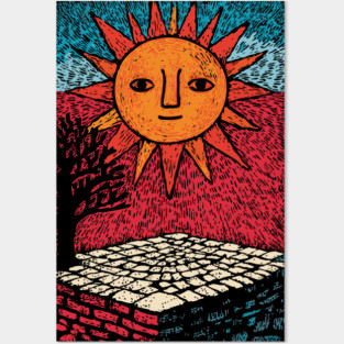 Happy Folk Art Sun | Groovy Boho Sunshine Posters and Art