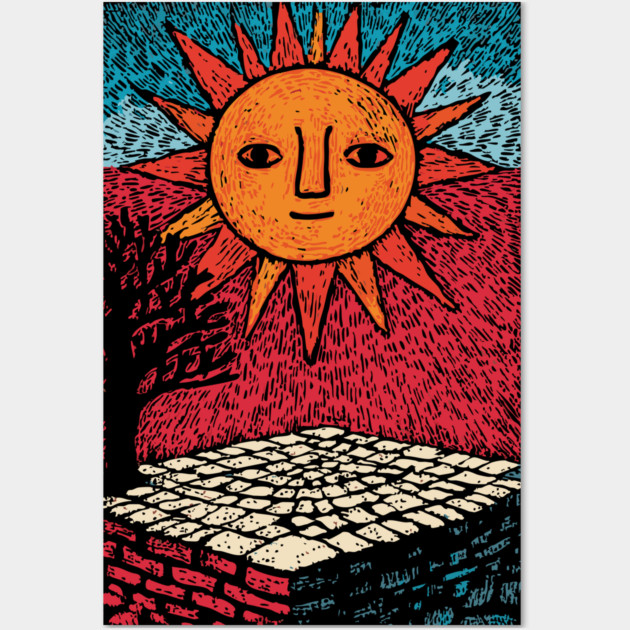 Happy Folk Art Sun | Groovy Boho Sunshine Wall Art by TuncGK