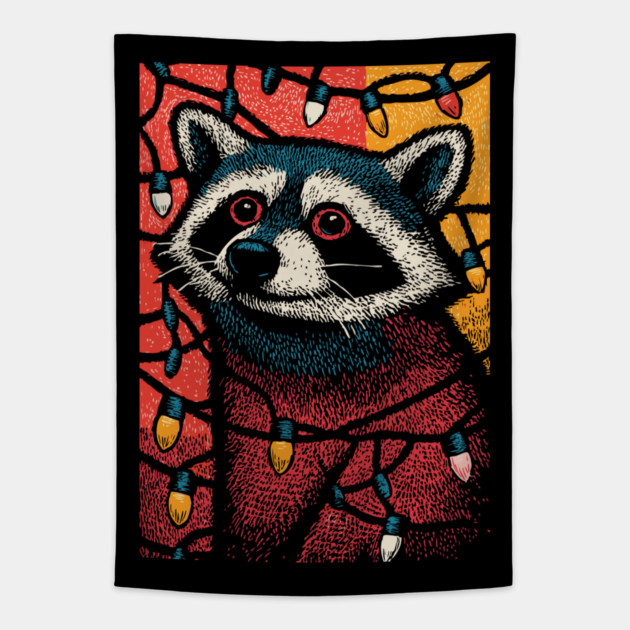 Christmas Trash Panda | Funny Raccoon in Lights Tapestry by TuncGK