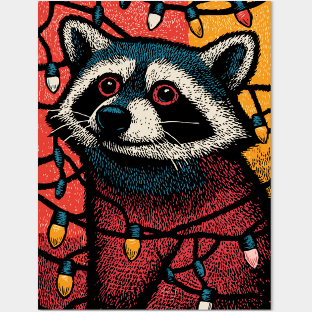 Christmas Trash Panda | Funny Raccoon in Lights Wall Art by TuncGK