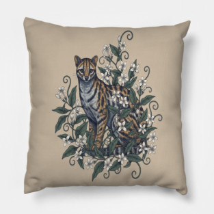 Civet Cat with Jasmine Vine Blooms Pillow