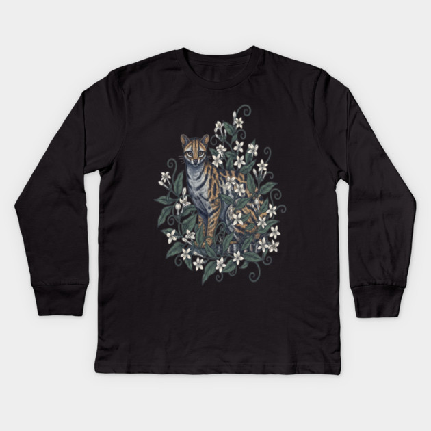 Civet Cat with Jasmine Vine Blooms Kids Long Sleeve T-Shirt by BirdsnStuff