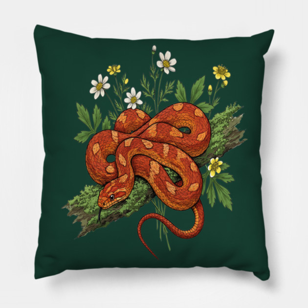 Orange Corn Snake with Forest Flowers Pillow by BirdsnStuff